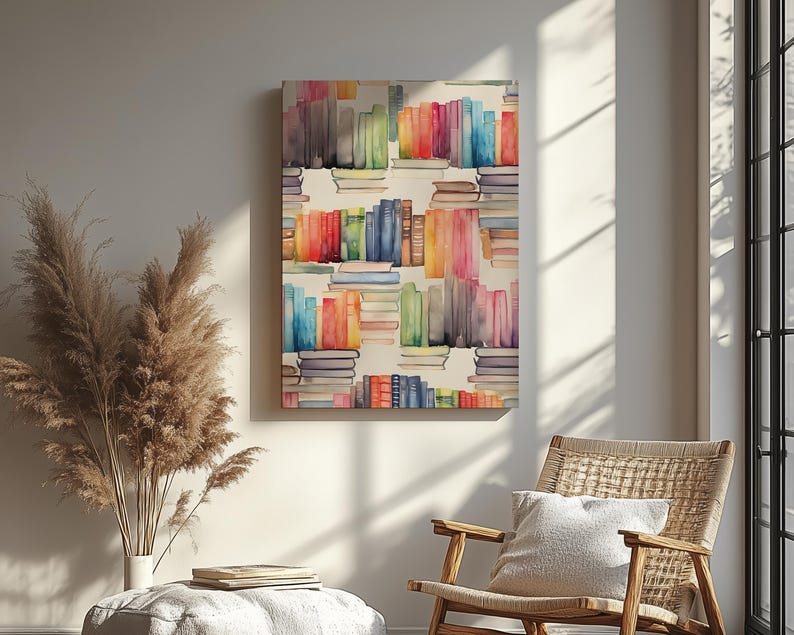 May include: A canvas print featuring a watercolor illustration of a bookshelf filled with colorful books. The books are stacked in rows, with spines in shades of red, blue, green, and yellow. The artwork is displayed in a well-lit room.