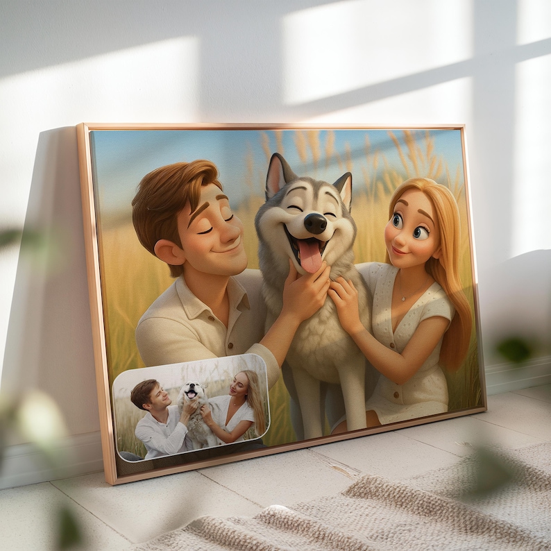 May include: A framed portrait featuring a cartoon-style illustration of a couple and a smiling husky dog in a field. The frame is gold-colored. A smaller inset image shows the couple with a dog. The artwork has a warm, inviting color palette.