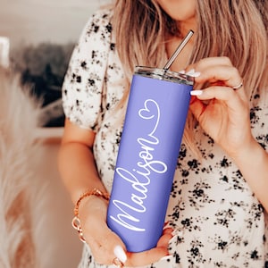 Custom Skinny Tumbler, Personalized Tumbler with Lid and Straw, Bridesmaids Gift, Custom Wedding Cups Gift, Bachelorette Party Tumbler Gift