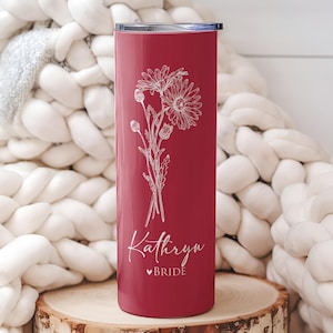 Custom Birthflower Tumbler: Bridesmaid Proposal Gift with Straw