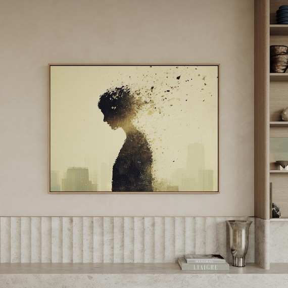 Abstract Double Exposure and Dispersion Effect Canvas Wall Art, Stress Mental Health Psychology Artwork, Urban Life Living Room Decor