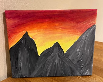 Trippy Gemälde auf Leinwand, abstrakte Bergkunst, abstrakte Bergwandkunst, Hippy-Wanddekor