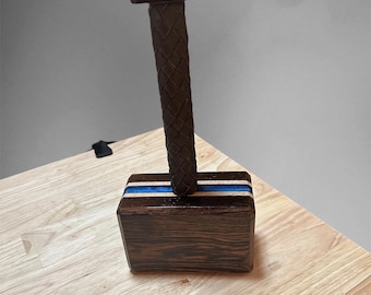 Handcrafted Wenge Wood & Blue Resin Mjolnir – Braided Leather Wrap
