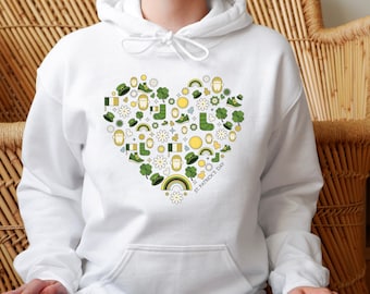 Love Heart St Patrick's Day Unisex Hoodie, Funny St Patrick's Day Unisex Sweatshirt,  St Paddy's Day Hoodie, Heart Shamrock Lucky Hoodie