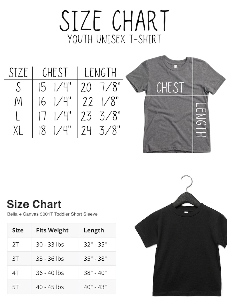 May include: Size chart for youth unisex t-shirts. The chart shows chest and length measurements in inches for sizes S, M, L, and XL. A gray t-shirt is shown with the chest and length measurements marked. A separate chart shows sizes 2T, 3T, 4T, and 5T with corresponding weight and length ranges in inches. A black t-shirt is shown to illustrate the size chart.