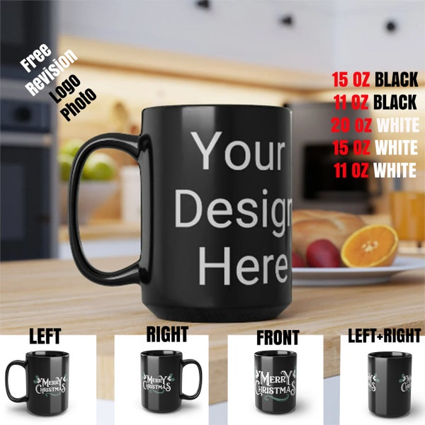 Taza de café negra personalizada de 15 oz o 11 oz de tamaño, texto de imagen personalizado personalizado taza de cerámica blanca de tamaño de 20 oz, taza grande personalizada, taza jumbo