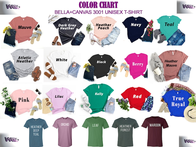 May include: Color chart showing Bella + Canvas 3001 unisex t-shirt colors. The chart shows 18 different colors, including Mauve, Dark Grey Heather, Heather Peach, Navy, Teal, Athletic Heather, White, Black, Berry, Heather Mauve, Pink, Lilac, Kelly, Red, True Royal, Heather Deep Teal, Orchid, Leaf, Heather Forest, and Maroon.
