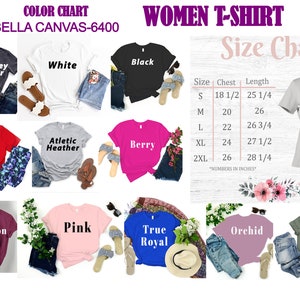May include: Color chart for Bella Canvas 6400 women's t-shirts. The chart shows 10 different colors: Dark Grey Heather, White, Black, Red, Athletic Heather, Berry, Maroon, Pink, True Royal, Orchid, and Military Green. The chart also includes a size chart with measurements in inches for chest and length.
