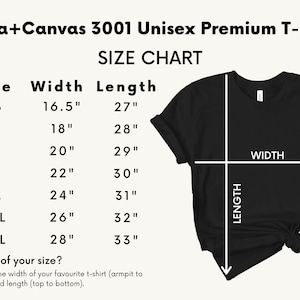 May include: Size chart for a Bella+Canvas 3001 Unisex Premium T-Shirt. The chart shows the width and length measurements in inches for sizes XS to 3XL.