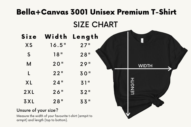 May include: Size chart for a Bella+Canvas 3001 Unisex Premium T-Shirt. The chart shows the width and length measurements in inches for sizes XS to 3XL.
