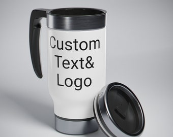 Custom Stainless Steel Travel Mug with Handle, 14oz, Personalized Custom Picture Text  Stainless Steel Travel Mug  Customized 14oz