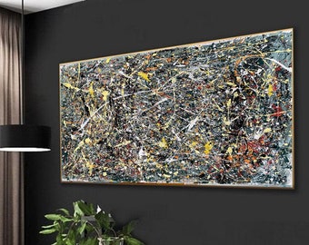May include: A modern dining room with a wooden table and chairs. The table has a live edge design and a dark wood finish. The chairs are upholstered in gray and black fabric. A large abstract painting hangs on the wall behind the table. The painting is in shades of black, white, and yellow.