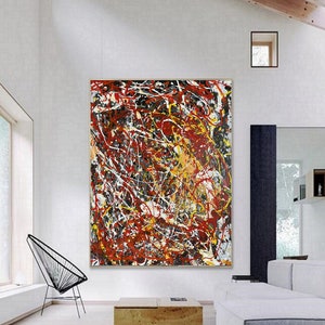 Jackson Pollock Style Red Yellow Acrylic Painting, Rich Impasto Luxury Office Decor Art Modern Wall Art Abstract Painting Acrylic Art Q97
