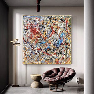 Handgemaakte abstracte canvaskunst in Jackson Pollock-stijl: modern veelkleurig schilderij Q134