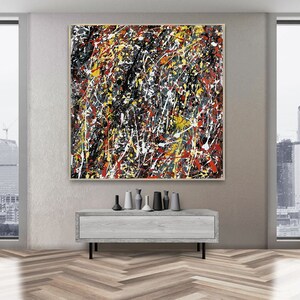 Rood abstract schilderij in Jackson Pollock-stijl – extra grote originele canvas muurkunst, moderne oversized abstracte kunstwerken voor woonkamer Q138