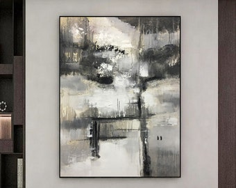 Gray 3D texture painting, Minimalist Art,Hand Made Painting,Large Nordic white abstract, modern living room painting,modern office art Q64