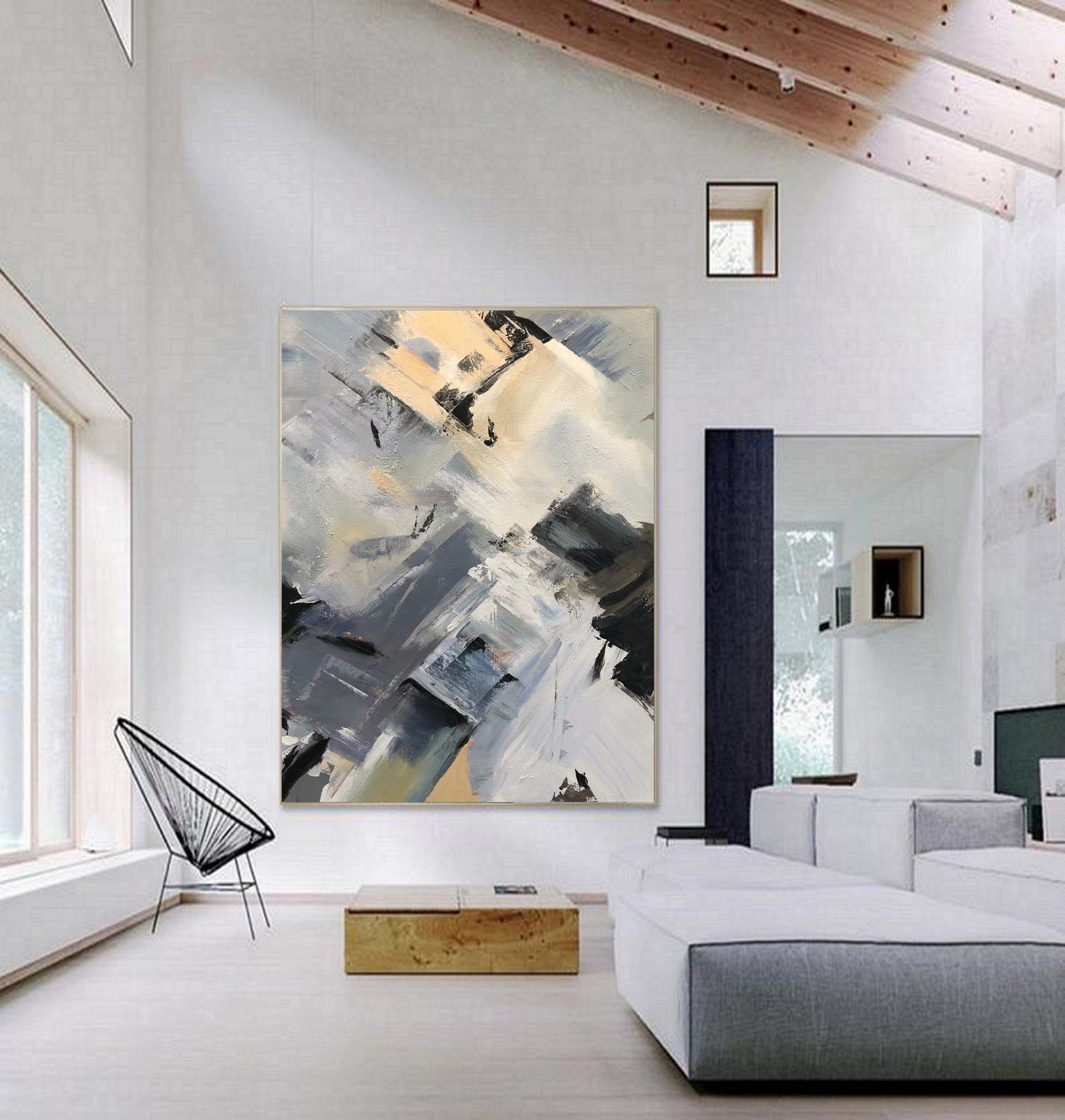 Large Abstract Oil Painting: Black, White, and Gray Canvas Art
