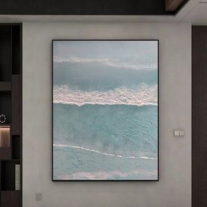 Light Blue Ocean Abstract Painting, Sea Wave Abstract Canvas Oil Painting, Large Blue Sea Abstract Art, Sea Abstract Landscape Painting Q67