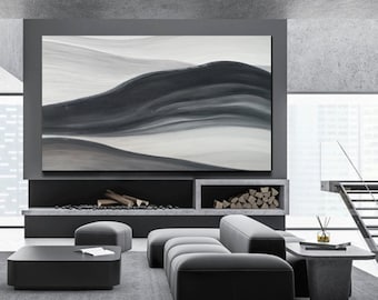 Minimalist Abstract,black and white painting,  Mountain Landscape Oil Painting extra large wall art,mountains painting,mountain art Q86