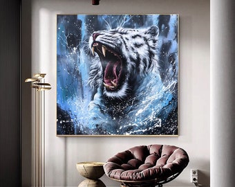 Angry Tiger Abstract Portrait | Tiger Eye Canvas | Large Animal Wall Art | Modern Wildlife Decor | Living Room or Office | Q132