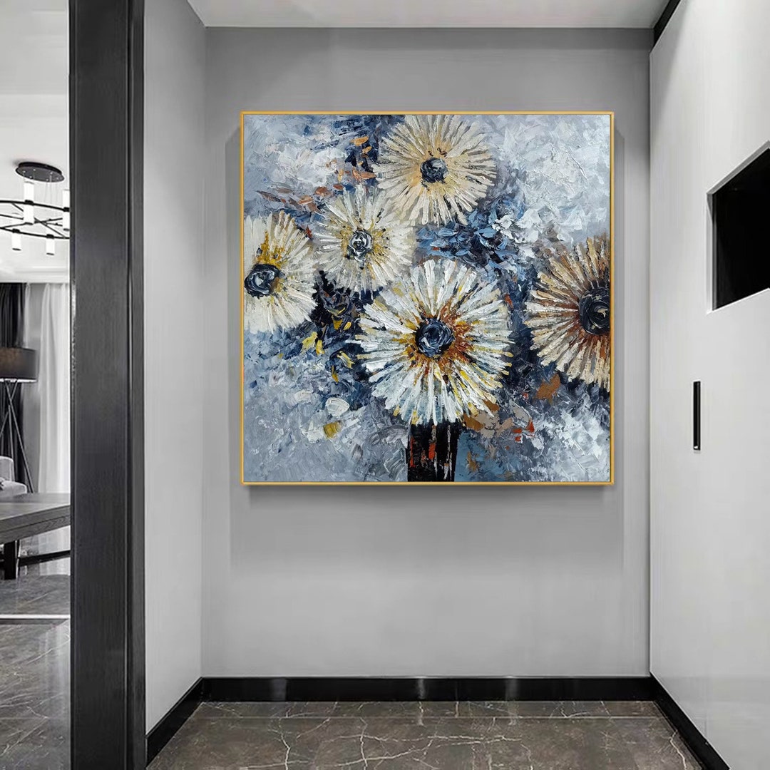 Textured Floral Oil Painting on Canvas: Abstract Living Room Wall Art ...