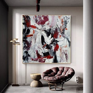 Large Red Abstract Oil Painting on Canvas: Modern Impasto Art