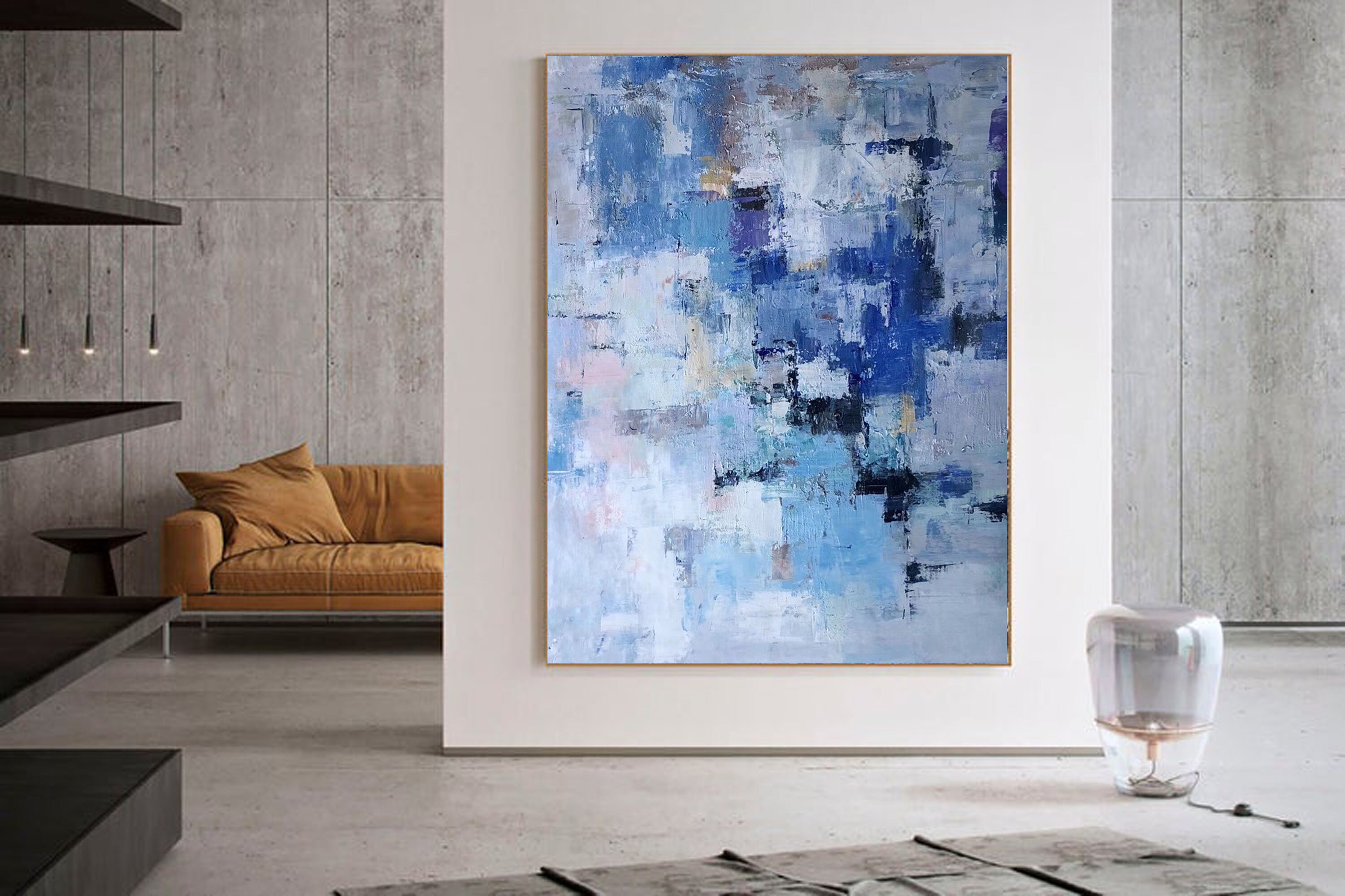抽象芸術 | キャンバス画 | 現代アート | 青の抽象画 | 白ピンク