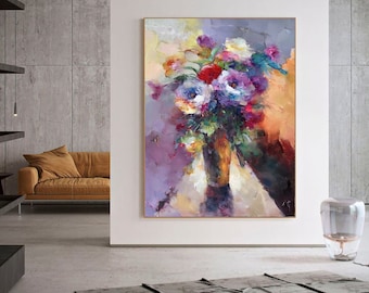 Flowers Painting on Canvas, Colorful Red Painting, Impressionist Painting, Floral Painting, Modern Painting, Large Art for Living Room Q121