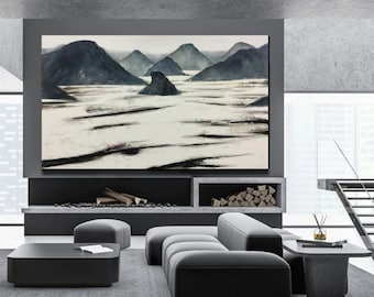 extra large wall art Mountain Landscape Oil Painting ,mountains painting,mountain art,black and white painting, Minimalist Abstract Q84