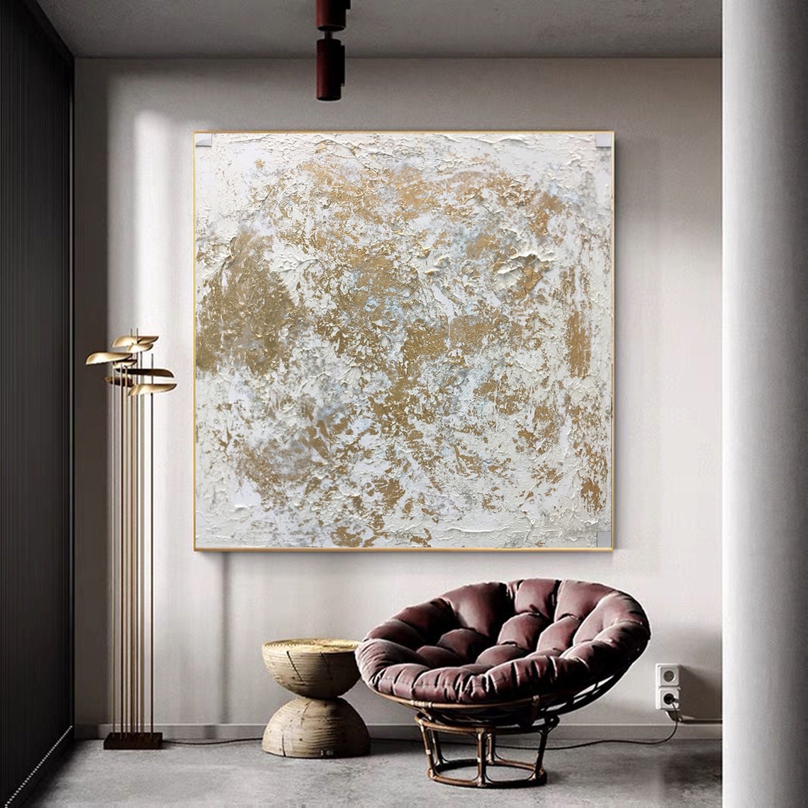 White and Gold Textured Abstract Canvas Painting Large Etsy