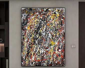 大きな赤い抽象キャンバス絵画：ジャクソン・ポロック風アート Q144