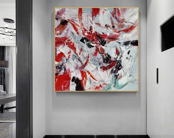 Large Red Abstract Painting: Textured Modern Wall Art