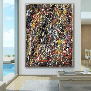Groot rood abstract canvasschilderij: Jackson Pollock Style Art Q144