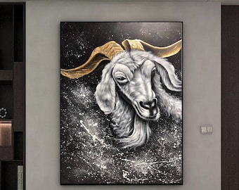 Sheep Painting, Lamb Farm Animals acrylic painting Wall Art Living Room Art, sheep abstract art, Black and White Bighorn Sheep Q119