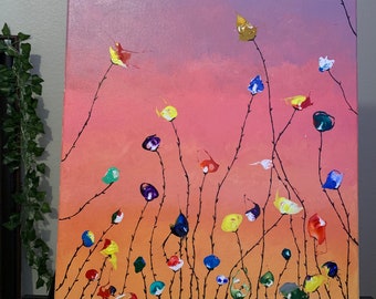 Pintura floral sobre lienzo