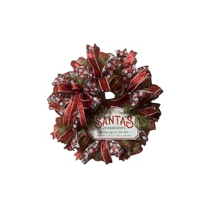 Handmade Santa&#39;s Workshop Christmas Wreath: Plaid Ribbon Holiday Decor