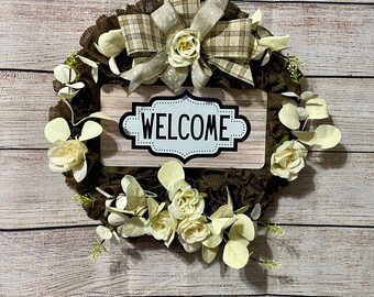 Burlap Welcome Wreath, Beige Roses and Leaves Decor, Everyday Home Decorating, Spring through Fall Home Decor.