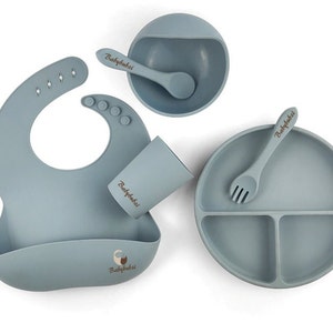 Silicone 8 PC Baby Set - (Bib + Suction Bowl + Suction Plate + Spoon + Fork + Cup) + Mini Fork & Spoon Set
