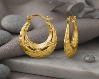 14k Yellow Gold Textured Hoop Earrings— 5/8 Inch Stamped Geometric Hoops