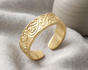 14k Solid Yellow Gold Scroll Pattern Toe Ring, Adjustable Band