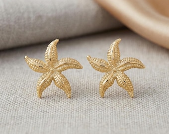 14k Yellow Gold Starfish Earrings • Textured Sea Star Studs • Coastal Beach Post Jewelry