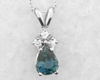 Handmade 14k White Gold 1.41ct 14kt Diamond Natural Pear TearDrop Blue Sapphire Vintage Classic Antique Style Dainty Pendant 18in Necklace