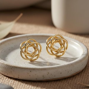 14k Yellow Gold Love Knot Earrings • 19mm Large Polished Studs • Interlocking Wire Flower Button