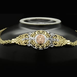 Gorgeous Solid 14k Gold High Polish 2 Tone Rose/Pink & Yellow 7-in x 15mm Fancy White Rhodium Lady Guadalupe Religious Virgin Mary Bracelet