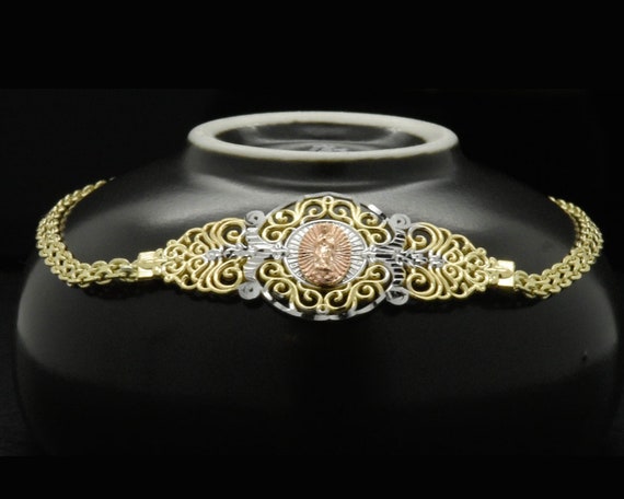 Gorgeous Solid 14k Gold High Polish 2 Tone Rose/Pink & Yellow 7-in x 15mm Fancy White Rhodium Lady Guadalupe Religious Virgin Mary Bracelet