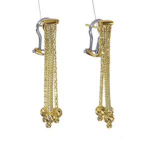 Solid 14k Yellow Gold String Dangle Omega Earrings | 1-1/2-inch Long Luxurious Diamond Cut Ball Fancy Omega Back Dangle Earrings