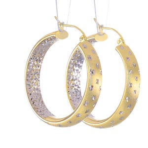 14k Yellow Gold Two Tone Gold Diamond Gold Hoop Earrings | 1-1/4-inch White Rhodium Satin Finish Round Star Fancy Hoop Lever Back Earrings