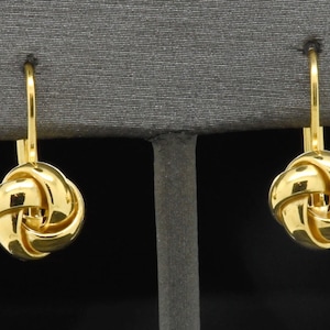 14k Yellow Gold Fine Dangle Drop Minimalist High Polish Love Knot Leverback Earrings
