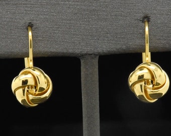 14k Yellow Gold Fine Dangle Drop Minimalist High Polish Love Knot Leverback Earrings