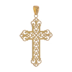 14k Solid Yellow Gold Filigree Vintage/Classic Style Cross | Art Deco Detailed Intricate Elaborate Cross Religious 1-1/4-Inch Pendant Charm